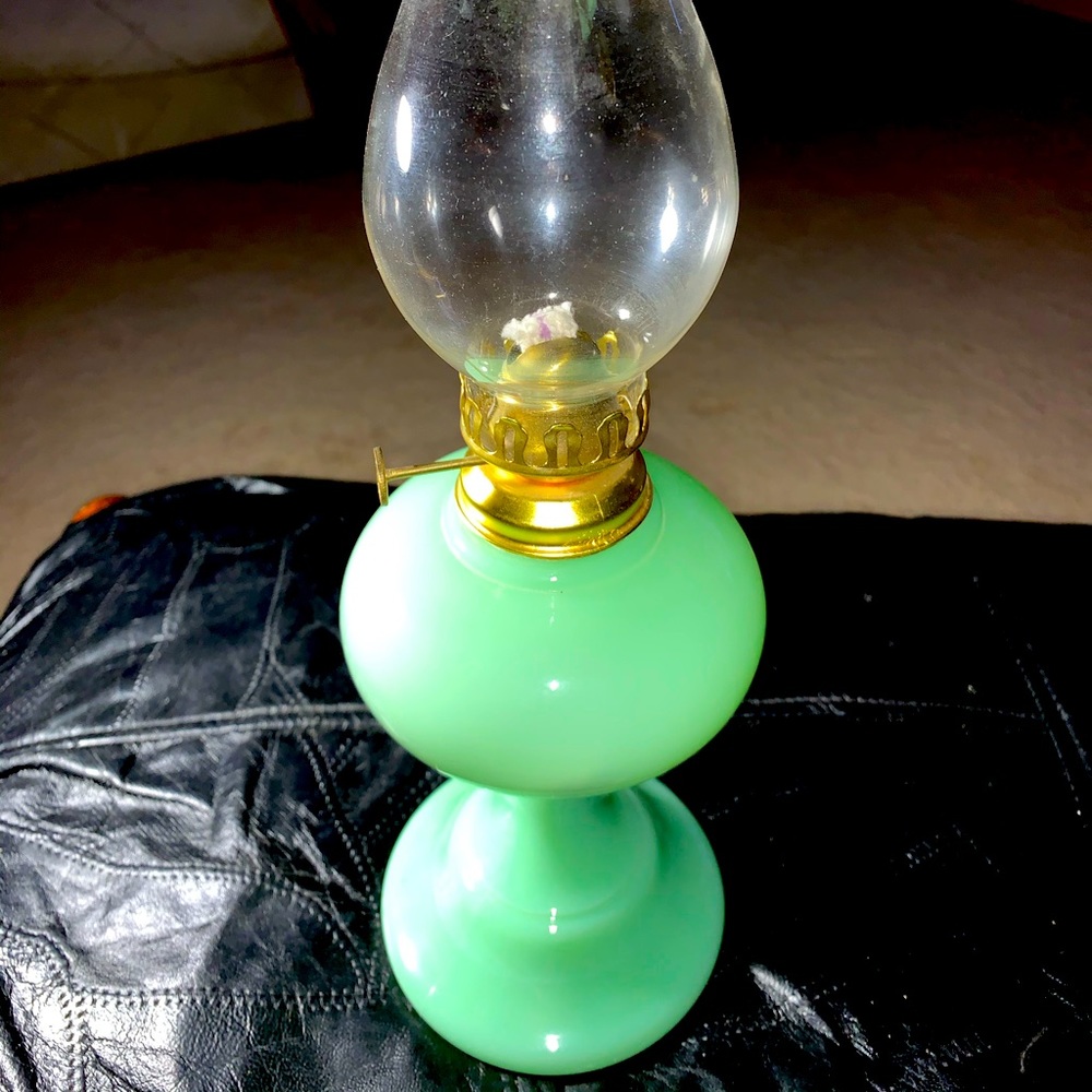 Vintage English Jadite lamp With Original Chimney